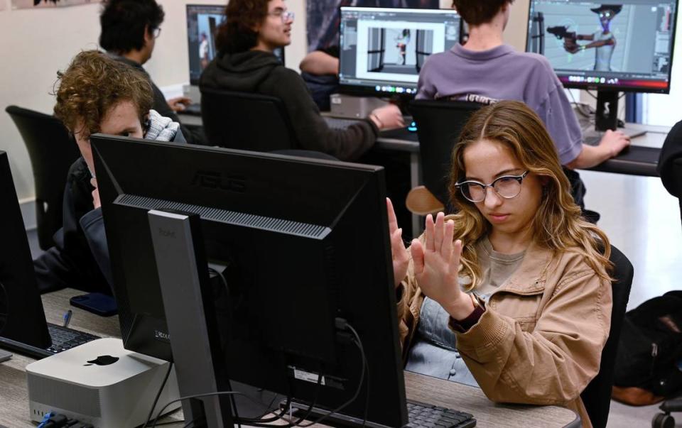 Lilly Griffin, an animation lead on the team, works on lighting during the advanced animation class at Downey High School in Modesto, Calif., Thursday, April 4, 2024. After winning a prestigious award in November, students are at work on new animated film hoping to show at film festivals.