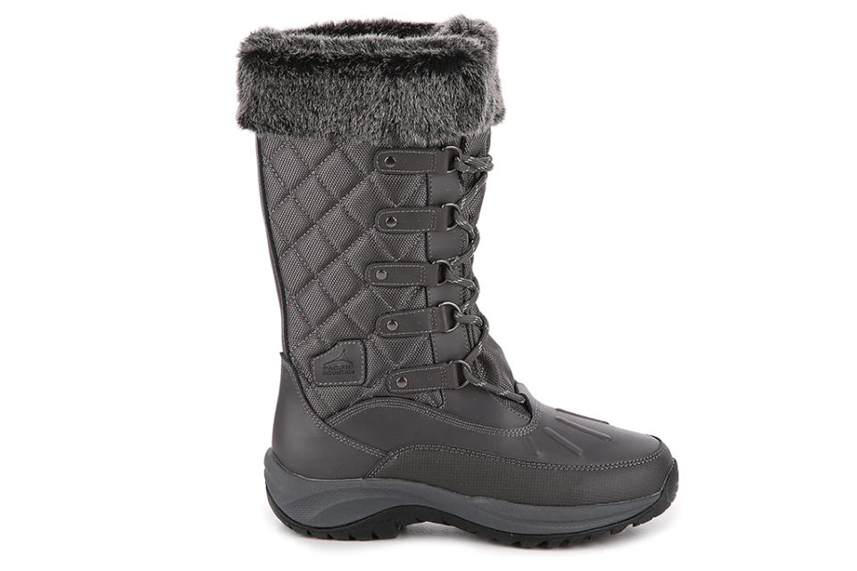 gray snow boots, tall snow boots, lace up boots