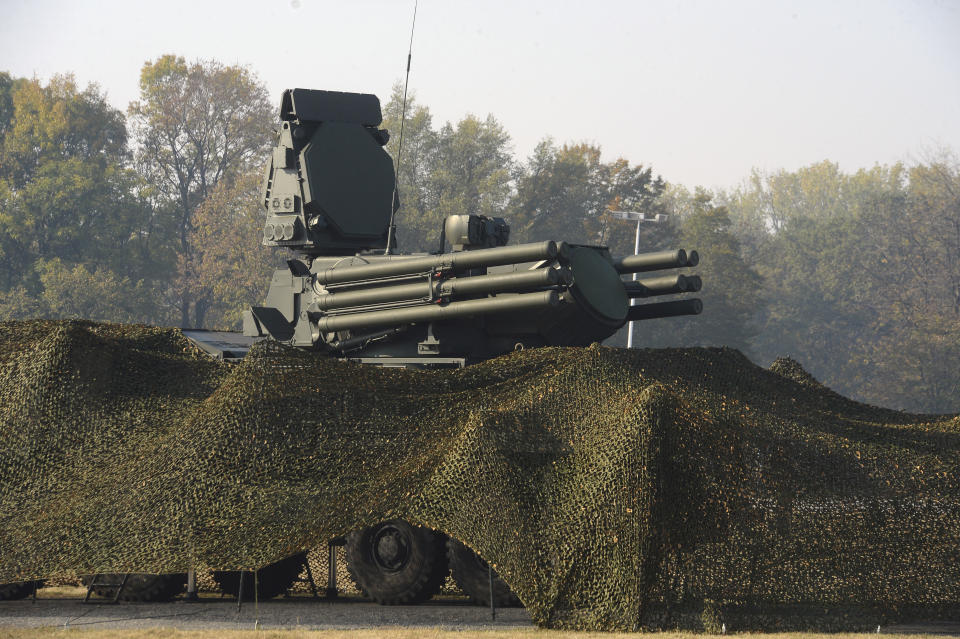 FILE - In this Friday, Oct. 25. 2019 file photo provided by the Serbian Presidential Press Service, Russian air defense system Pantsir S is displayed during joint air defense drills at the military airport Batajnica, near Belgrade, Serbia. Russia will deliver a sophisticated anti-aircraft missile system to Serbia even though the U.S. has warned of possible sanctions against the Balkan country in the event of such purchases. Russia’s state TASS news agency said Wednesday Nov. 6, 2019 that the Pantsir-S system will be delivered to Serbia “in the next few months in accordance with the signed contract.” (Serbian Presidential Press Service via AP, File)