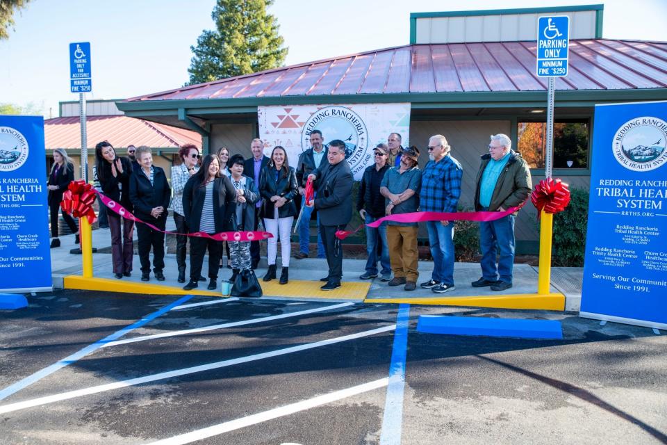 Redding Rancheria Tribal Health Systems officials cut the ribbon at the public opening of the Rancheria's Churn Creek Wellness and Dental Care on Nov. 28, 2023. The center opens on Dec. 4, 2023.