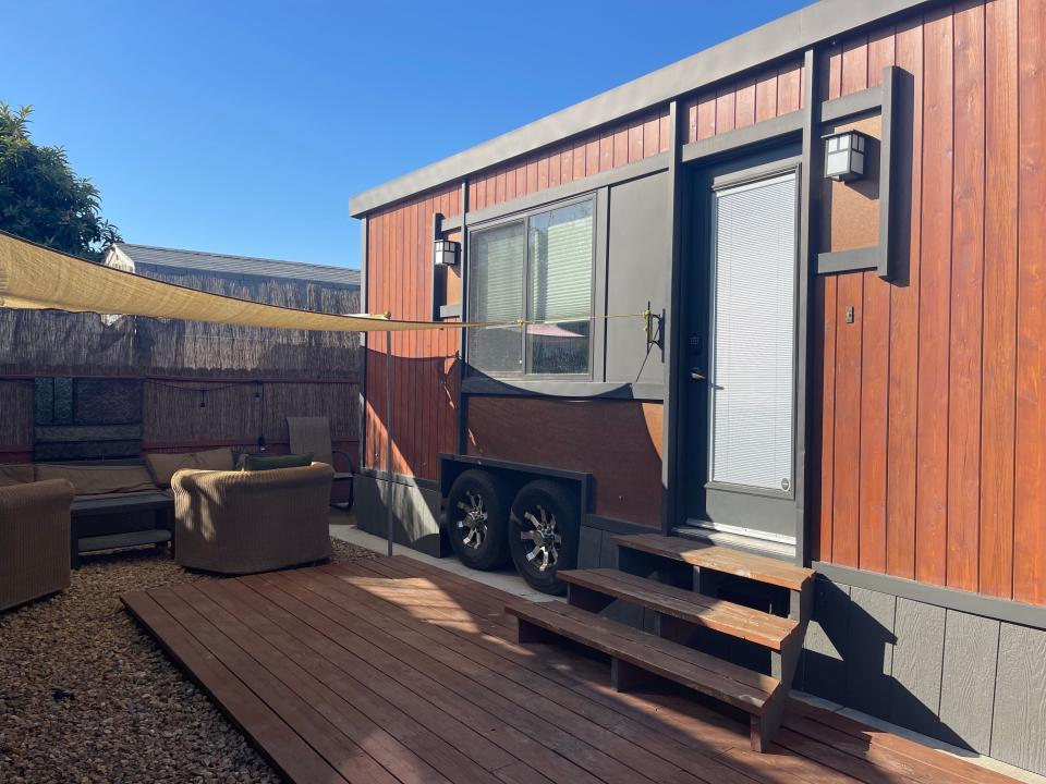 exterior shot of tiny home airbnb near disneyland in california