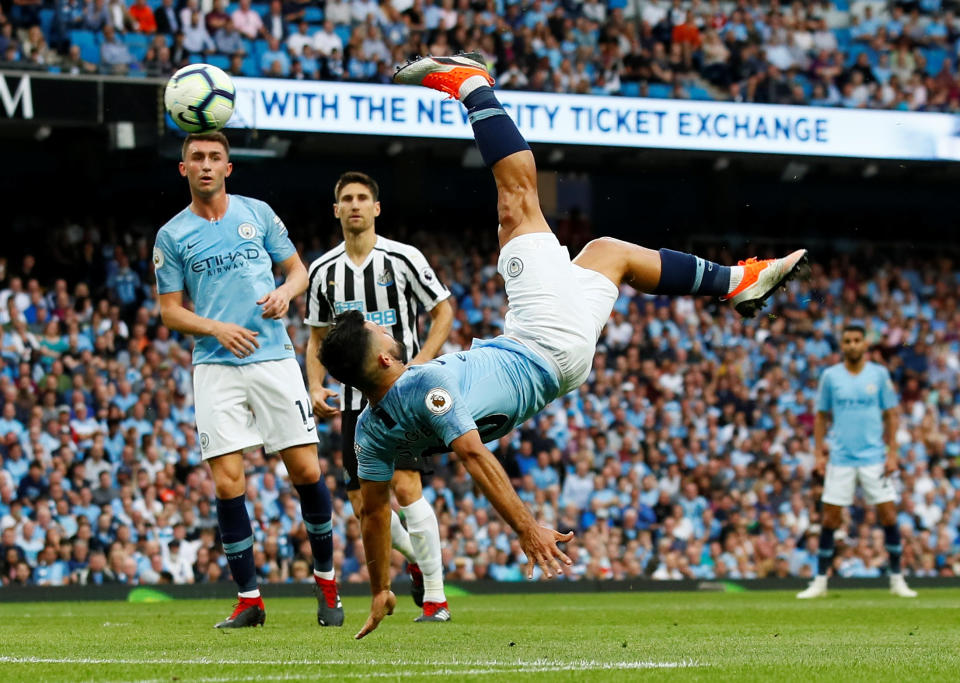 Sergio Aguero shoots at goal with an overhead kick before a goal is disallowed Action Images via Reuters/Jason Cairnduff