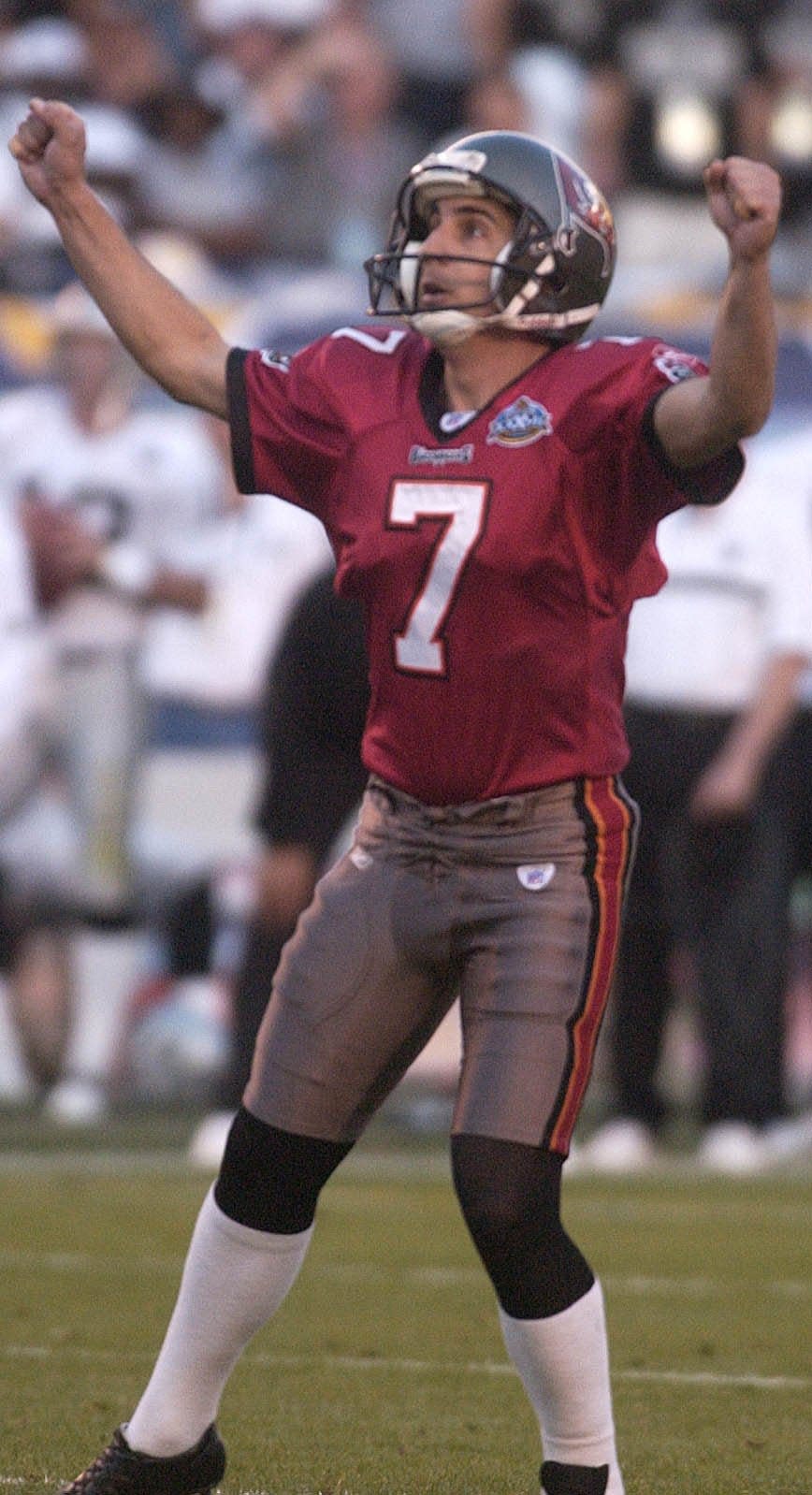 Martin Gramatica of the Tampa Bay Bucs and from LaBelle celebrates is second quarter field goal in the Super Bowl.