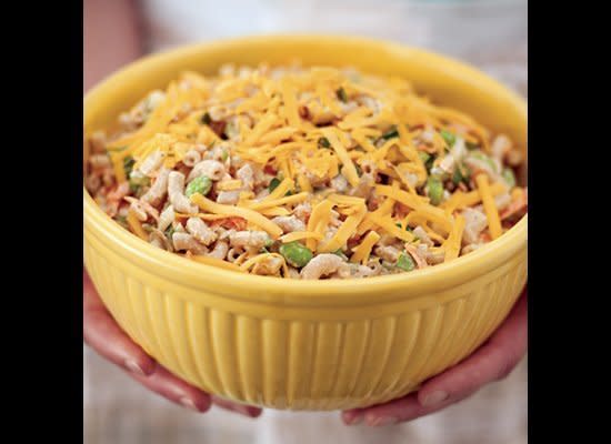 <strong>Get the <a href="http://www.huffingtonpost.com/2011/10/27/macaroni-salad_n_1062503.html" target="_hplink">Macaroni Salad recipe</a></strong>    This lighter take on the classic macaroni salad is made with carrot, celery, onion, baby spinach, edamame and a sour cream and mayo dressing. Top with shredded cheddar for some extra flavor.