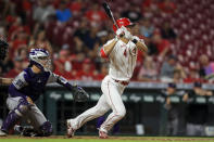 Cincinnati Reds' Shogo Akiyama grounds into a force out during the seventh inning of the team's baseball game against the Colorado Rockies in Cincinnati, Friday, June 11, 2021. (AP Photo/Aaron Doster)