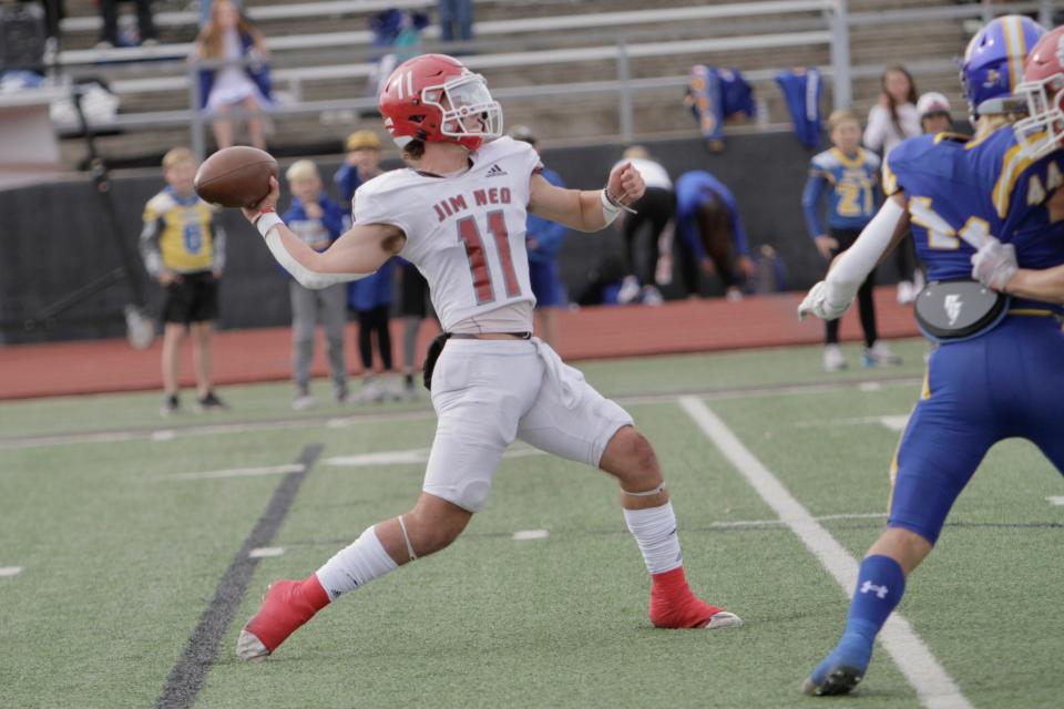 Jim Ned quarterback Tate Yardley launches a pass downfield against Brock in the regional semifinals.