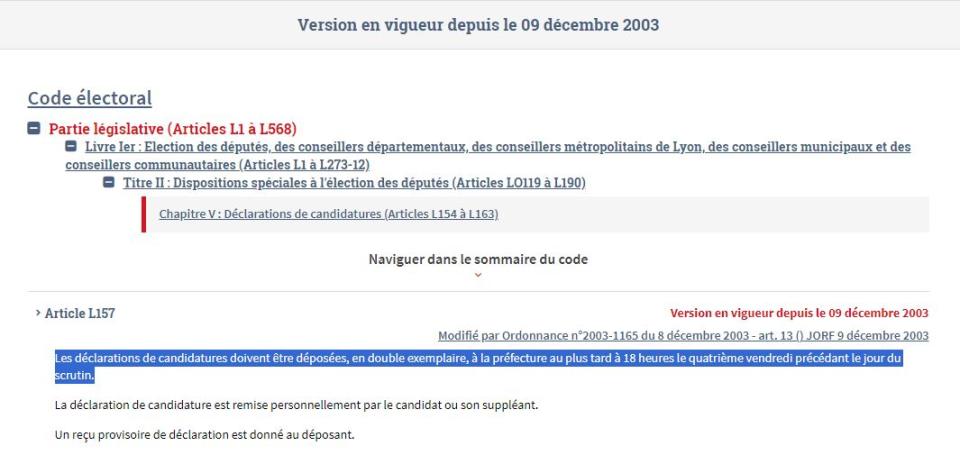 <span>Capture d'écran, réalisée le 11 juin 2024, du site Légifrance présentant l'article L-157 du Code électoral</span>