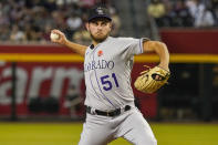 Colorado Rockies staring pitcher Karl Kauffmann throws against the Arizona Diamondbacks during the first inning of a baseball game Monday, May 29, 2023, in Phoenix. (AP Photo/Darryl Webb)