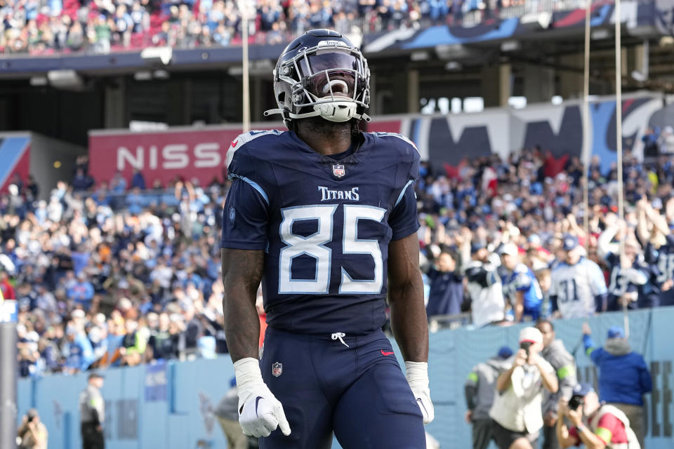 Tennessee Titans tight end Chigoziem Okonkwo celebrates after catching a touchdown pass against the Seattle Seahawks during the first half of an NFL football game on Sunday, Dec. 24, 2023, in Nashville, Tenn. (AP Photo/George Walker IV)