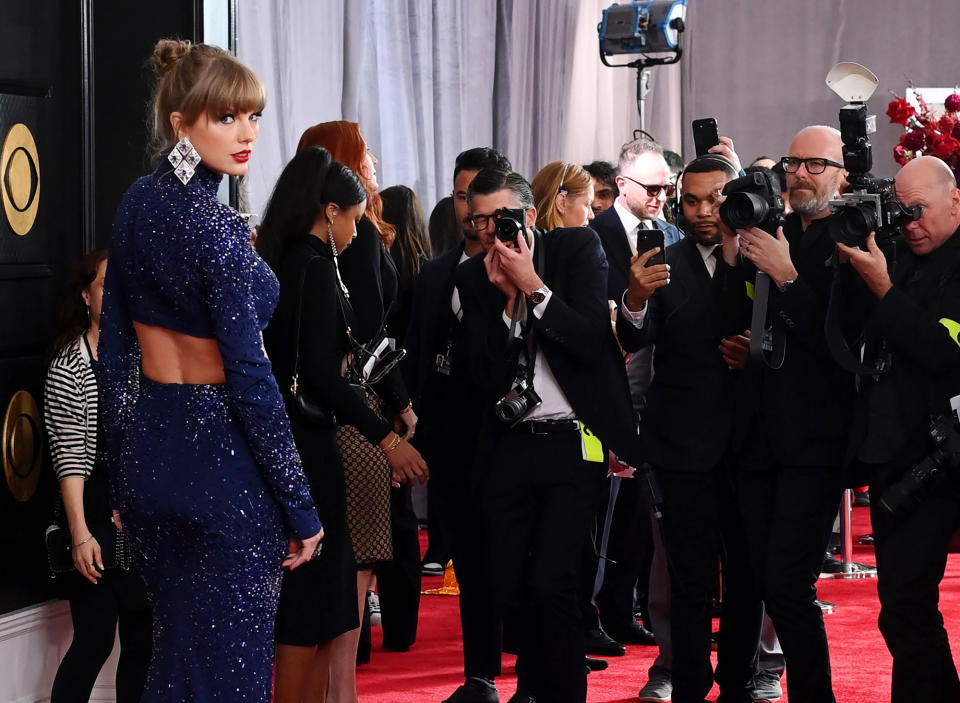 Taylor Swift Stuns on the 2023 Grammys Red Carpet In a Sparkling