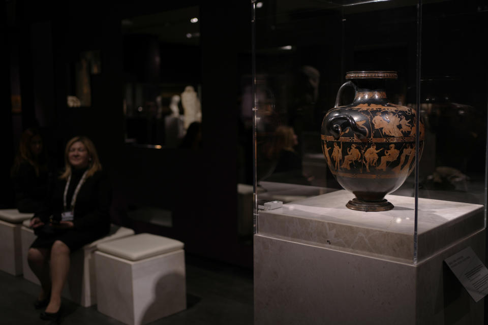 The ancient Greek vase from 420 BC – the Meidias Hydria – on loan from the British Museum, is on display during a media tour ahead of the Greece's Acropolis Museum officially launched of the exhibition, 'Meanings' Personifications and Allegories From Antiquity to Today, in Athens, Tuesday, Dec. 5, 2023. The loan coincides with a spat between the two countries over Greek demands for the return of sculptures from the Parthenon temple on the Acropolis that are housed in the British Museum. (AP Photo/Thanassis Stavrakis)