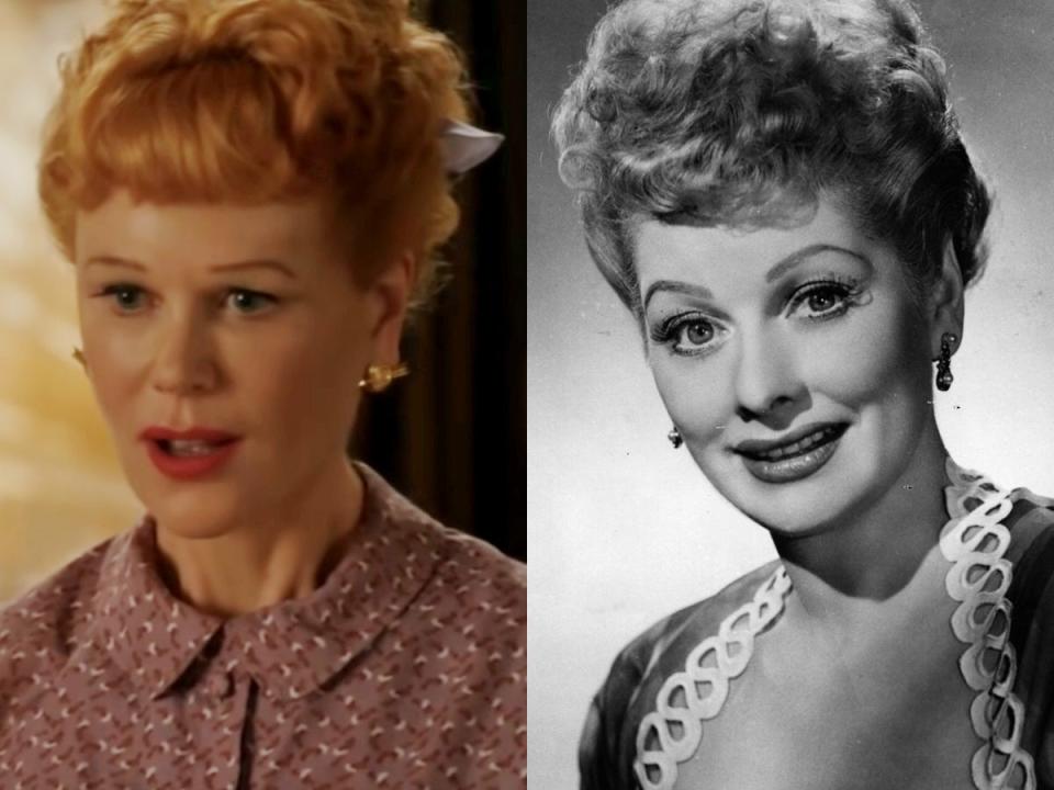 nicole kidman as lucille ball in being the ricardos and a photo of lucille ball