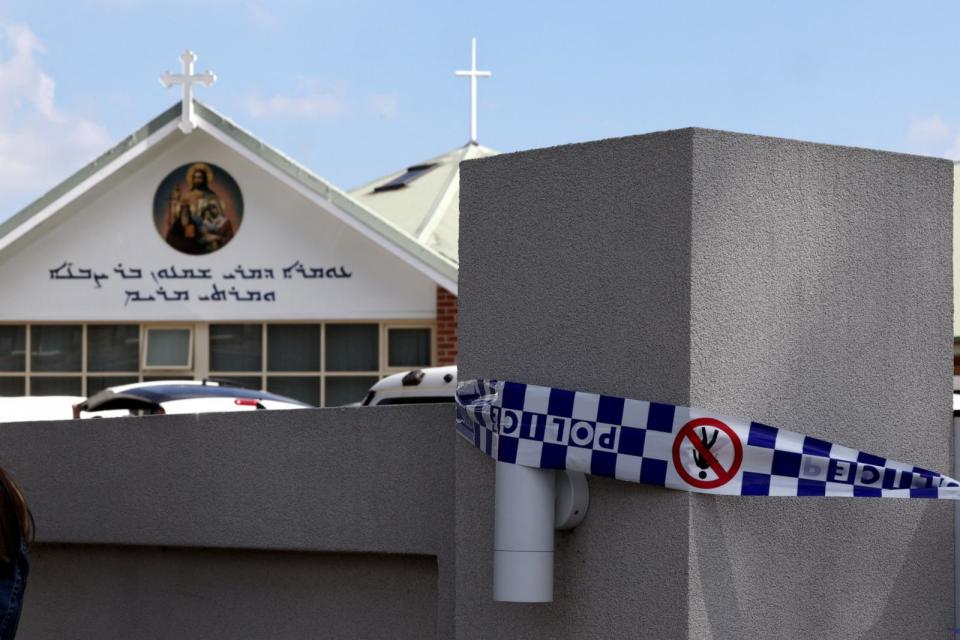 PHOTO: Police tape covers the main gate of the Christ the Good Shepherd Church in Sydney's western suburb of Wakeley on April 16, 2024.  (David Gray/AFP via Getty Images)