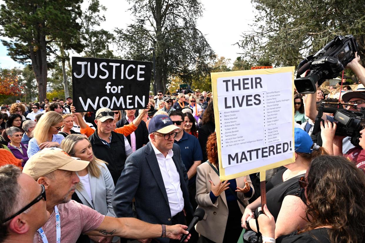 <span>Prime minister Anthony Albanese attends a rally to a call for action to end violence against women in Canberra on Sunday.</span><span>Photograph: Lukas Coch/AAP</span>