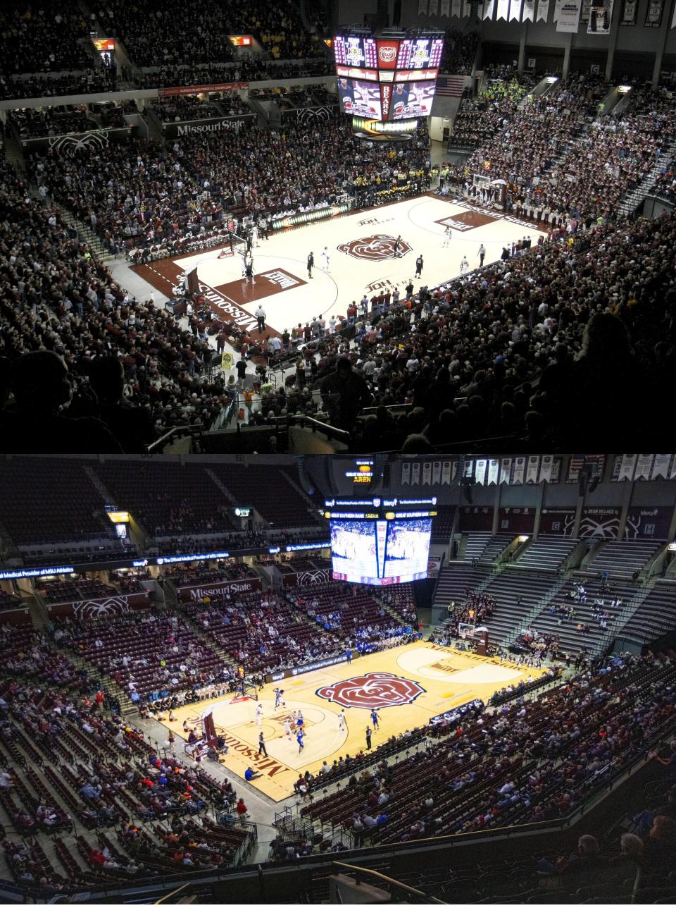 Missouri State's largest crowd in program history (top) saw 11,077 enter Great Southern Bank Arena's doors on Feb. 26, 2011. The school announced 3,517 attended the Bears' game on Feb. 10, 2024, for one of the largest crowds of the 2023-24 season (bottom).