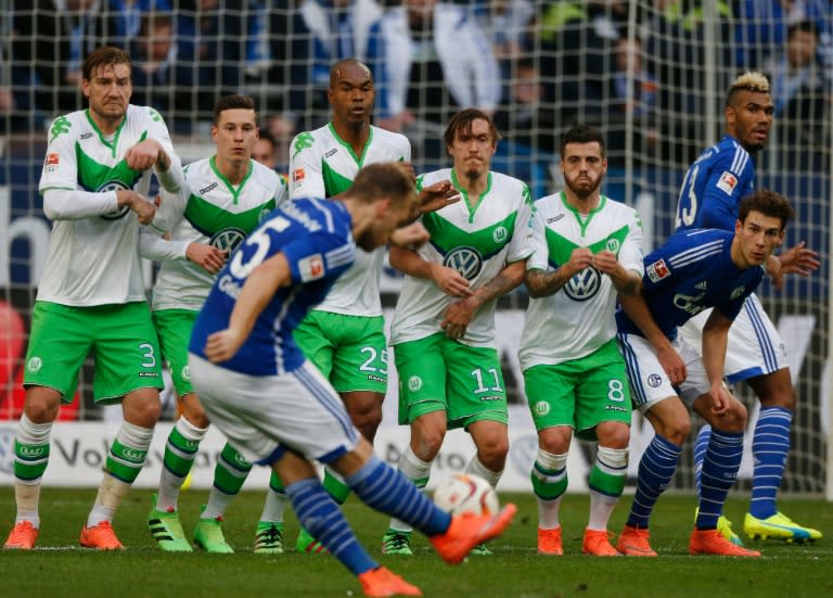 Schalke's Johannes Geis scores a goal during their German first division Bundesliga match against Wolfsburg, in Gelsenkirchen, on February 6, 2016