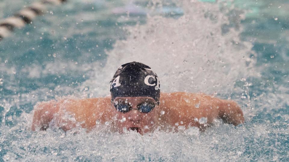 Luke Condon in CBA Boys in 200 yard medley relay final. Monmouth County Swim Championships in Neptune, NJ on January 22, 2022. 