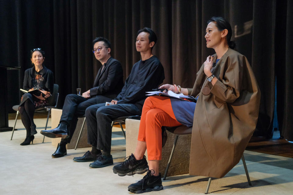 From left to right: Charmaine Chan, Yip Chun Han, Otto Ng, and Marisa Yiu attend a panel session at the Prada Frames Hong Kong at M+ Museum, on March 22, 2023 in Hong Kong, China. 