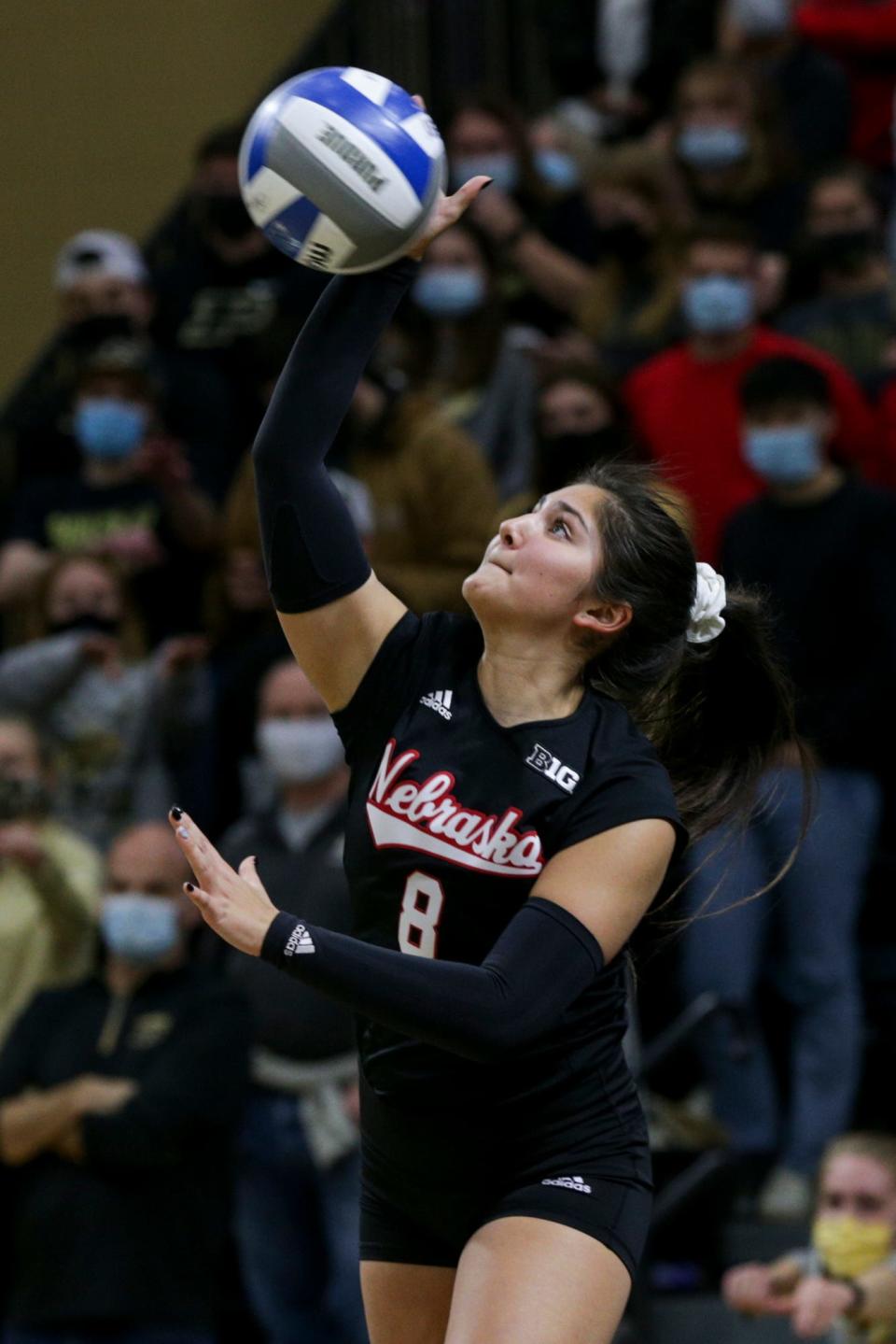 Nebraska libero Lexi Rodriguez (8) serves during the first set of an NCAA women's volleyball game, Saturday, Nov. 27, 2021 at Holloway Gymnasium in West Lafayette.