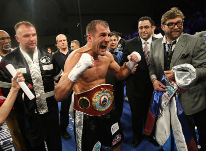 Sergey Kovalev reacts after defeating Cedric Agnew for the WBO light heavyweight championship in March. (AP)