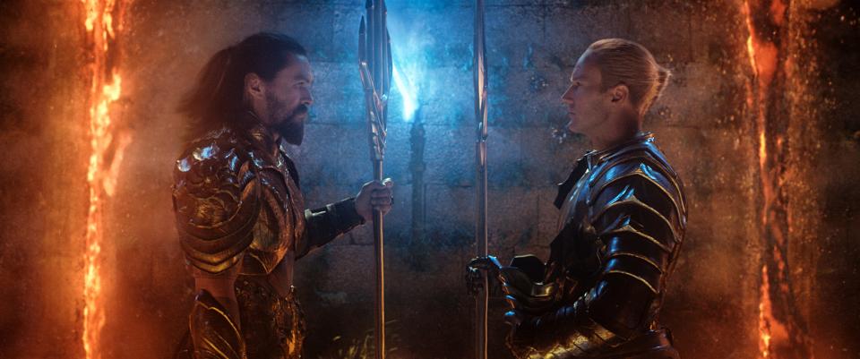 Arthur (Jason Momoa, left) squares off with his half-brother, Orm (Patrick Wilson), in 2018's "Aquaman." But the twosome have to team up to prevent a great evil from being unleashed in the upcoming sequel.