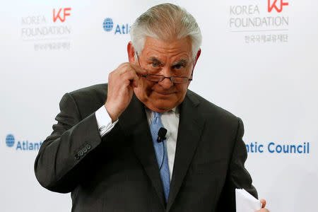 FILE PHOTO: U.S. Secretary of State Rex Tillerson concludes his remarks on the U.S.-Korea relationship during a forum at the Atlantic Council in Washington, DC, U.S. December 12, 2017. REUTERS/Jonathan Ernst/File Photo