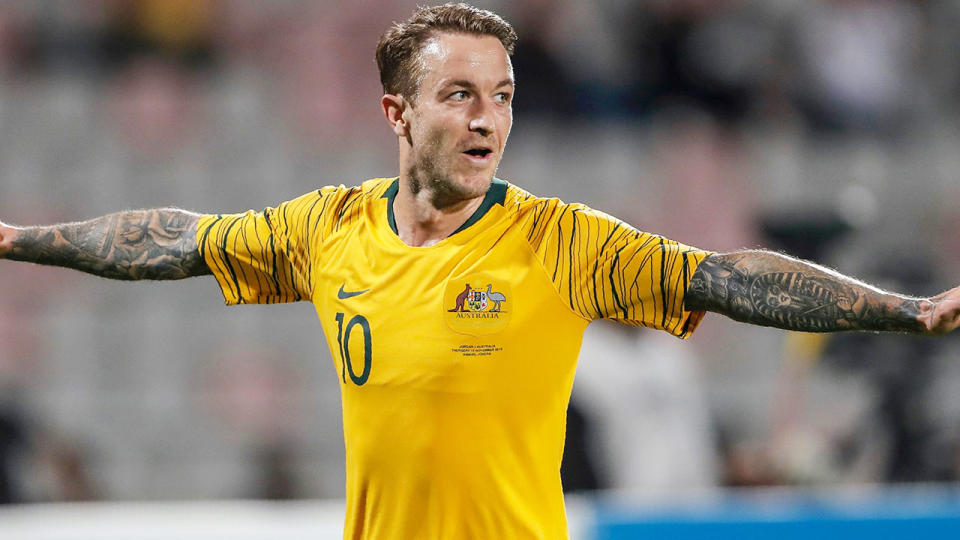 Seen here, Adam Taggart celebrates his winning goal for the Socceroos against Jordan.