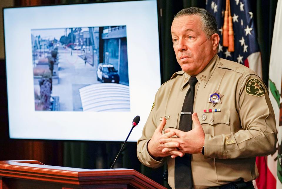 Los Angeles County Sheriff Alex Villanueva talks about the ambush shooting of two deputies during a Sept. 17 press conference.