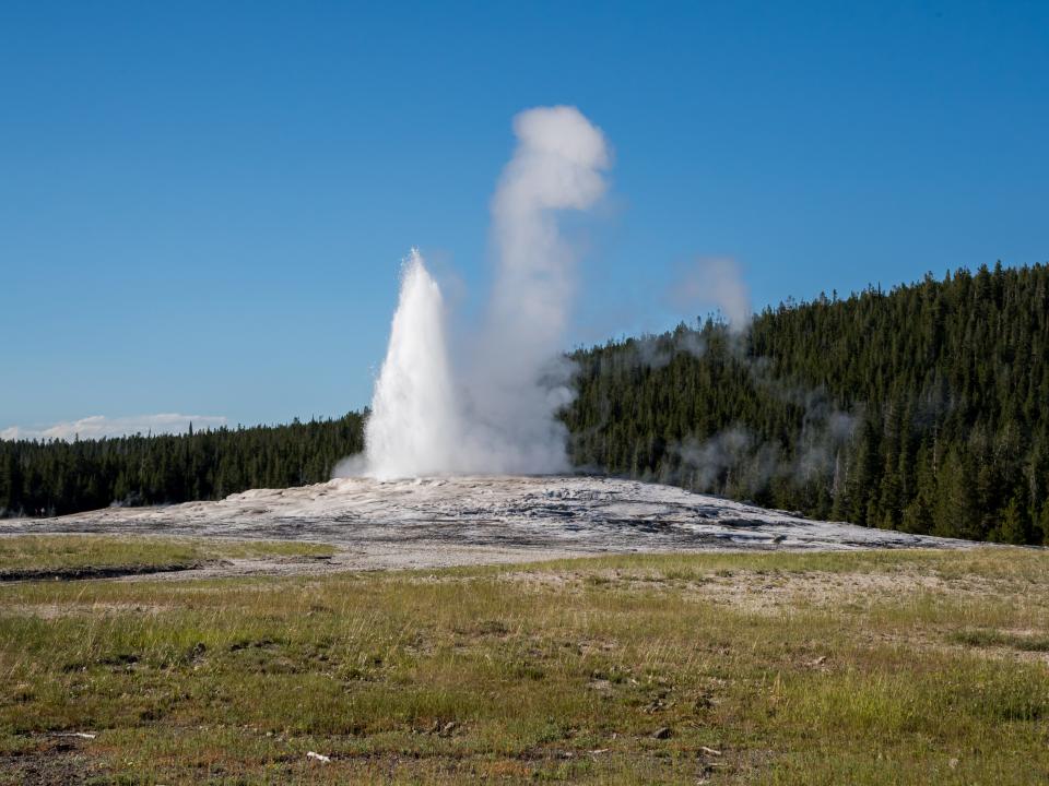 Old Faithful during an eruption at Yellowstone National Park.