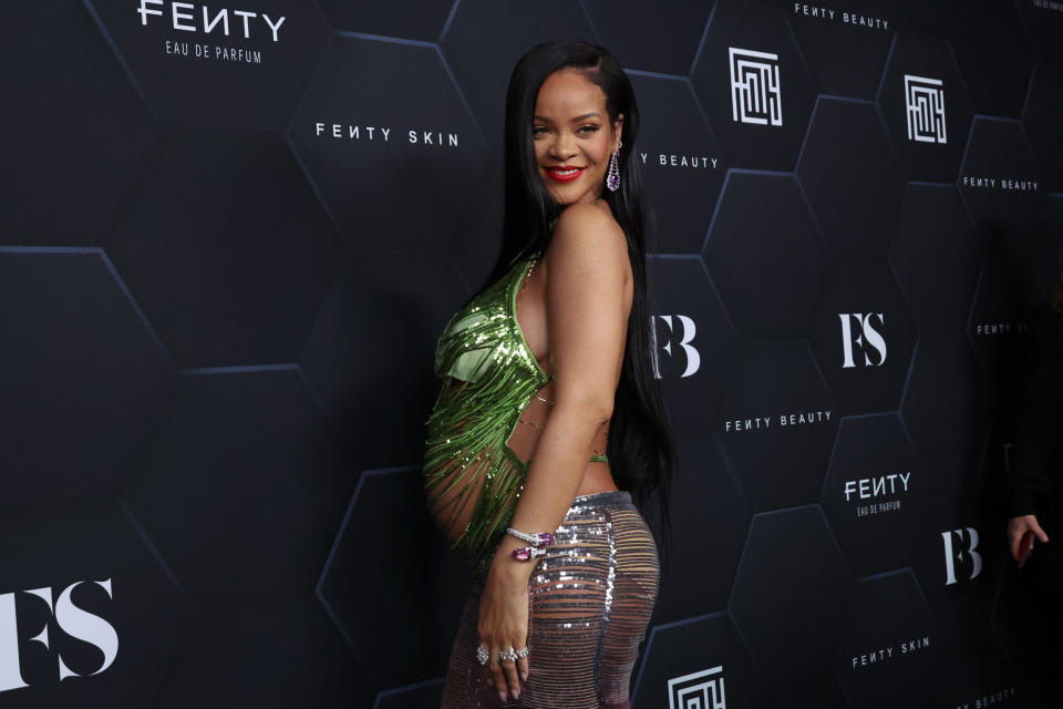 LOS ANGELES, CALIFORNIA - FEBRUARY 11: Rihanna poses for a picture as she celebrates her beauty brands fenty beauty and fenty skin at Goya Studios on February 11, 2022 in Los Angeles, California. (Photo by Mike Coppola/Getty Images)