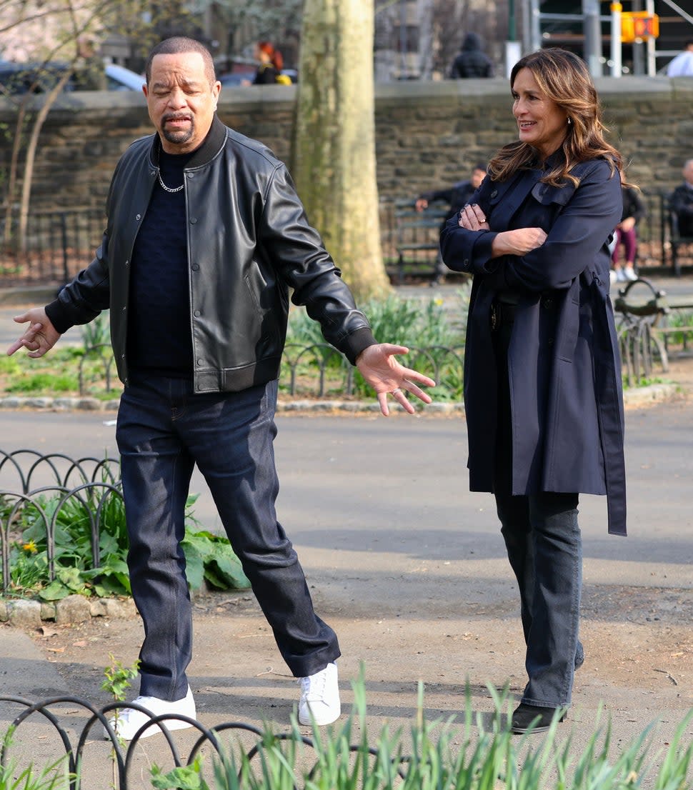 Ice T and Mariska Hargitay are seen on the set Law and Order: SVU on April 11, 2024 in New York City.