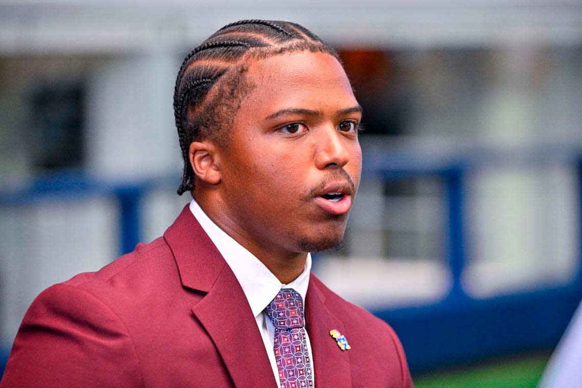 Kansas Jayhawks linebacker Rich Miller fields questions during Wednesday’s Big 12 football media event at AT&T Stadium.