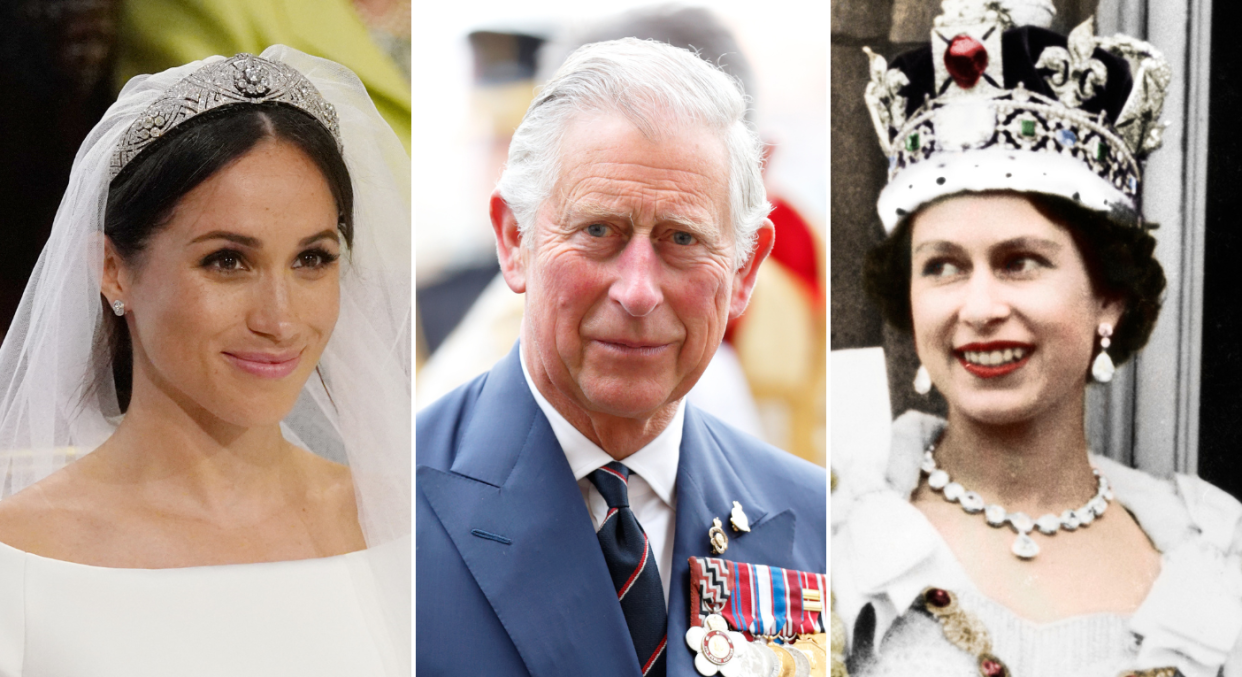 A composite image of Meghan Markle, King Charles and the late Queen