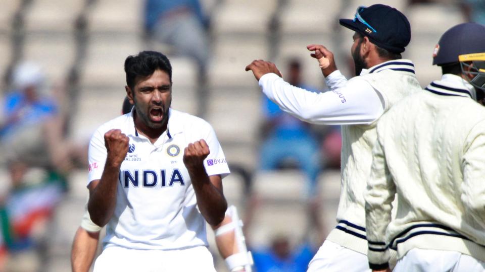 Ashwin celebrates a wicket during the final innings of the World Test Championship final between India and New Zealand.