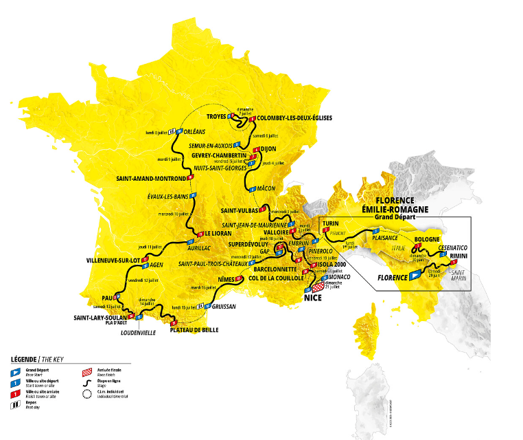 Erstmals startet die Tour de France in Italien – und aufgrund der Olympischen Spiele endet die Route nicht in Paris, sondern in Nizza. - Copyright: A.S.O.