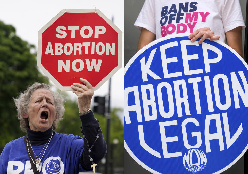 A woman holds a sign saying "stop abortion now," at a protest outside of the U.S. Supreme Court in Washington on May 5, 2022, left, and another woman holds a sign during a news conference for reproductive rights in response to the leaked draft of the Supreme Court's opinion to overturn Roe v. Wade, in West Hollywood, Calif., on March 3, 2022. For families divided along red house-blue house lines, summer's slate of reunions, group trips and weddings poses another exhausting round of navigating divides. The season opens at a time of conflict fatigue. Pandemic restrictions have melted away but gun control, the fight for reproductive rights, the Jan. 6 insurrection hearings, the bite of high inflation and a range of other issues prevail. (AP Photo)