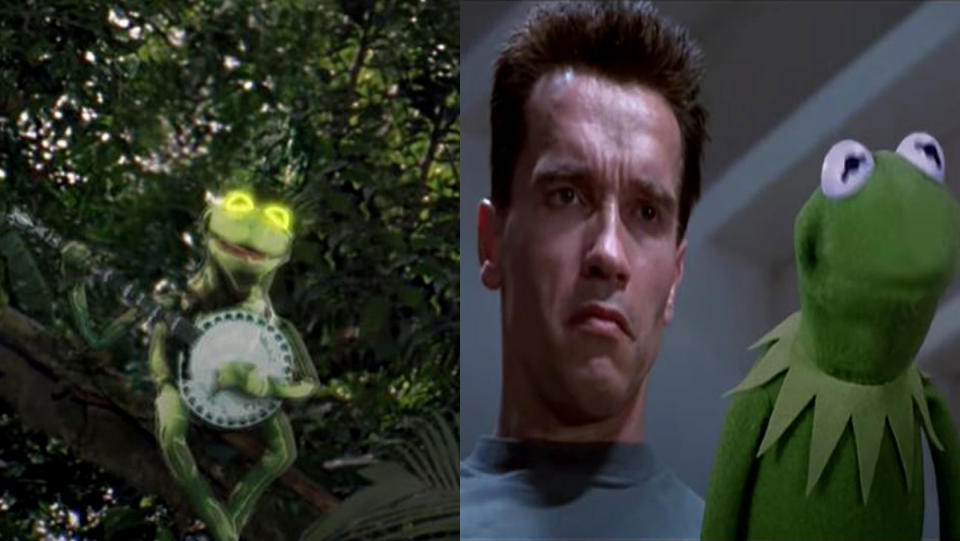 Kermit the Frog pops up in Predator and T2 in a hilarious mash-up. 