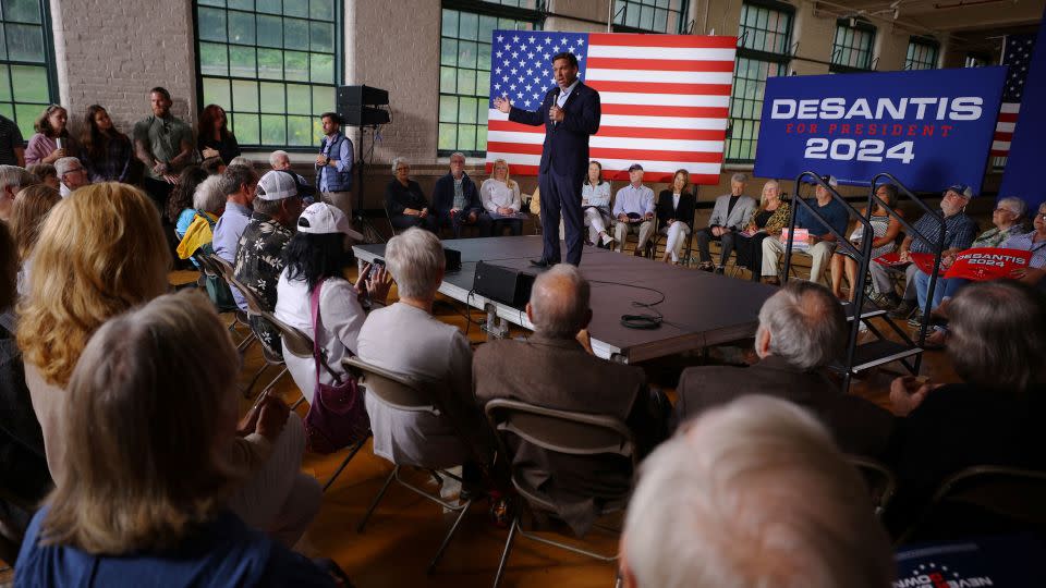 Florida Gov. Ron DeSantis speaks at a campaign event in Newport, New Hampshire, on  August 19, 2023. - Brian Snyder/Reuters