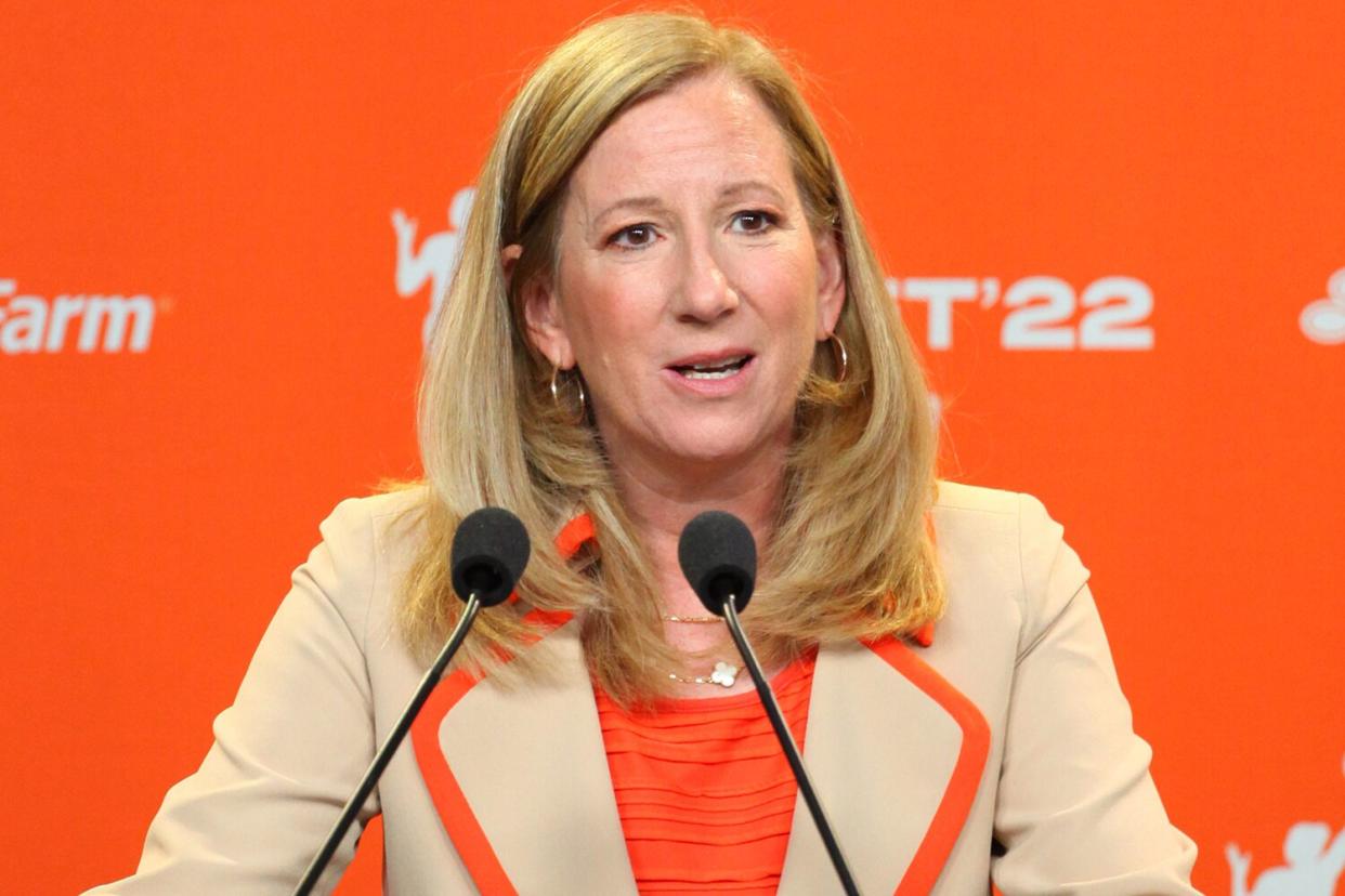 WNBA Commissioner Cathy Engelbert speaks to the media during the 2022 WNBA Draft on April 11, 2022 at Spring Studios in New York, New York.