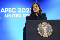 Vice President Kamala Harris speaks before President Joe Biden at a welcome reception for Asia-Pacific Economic Cooperative leaders at the Exploratorium, in San Francisco, Wednesday, Nov, 15, 2023. (Doug Mills/The New York Times via AP, Pool)