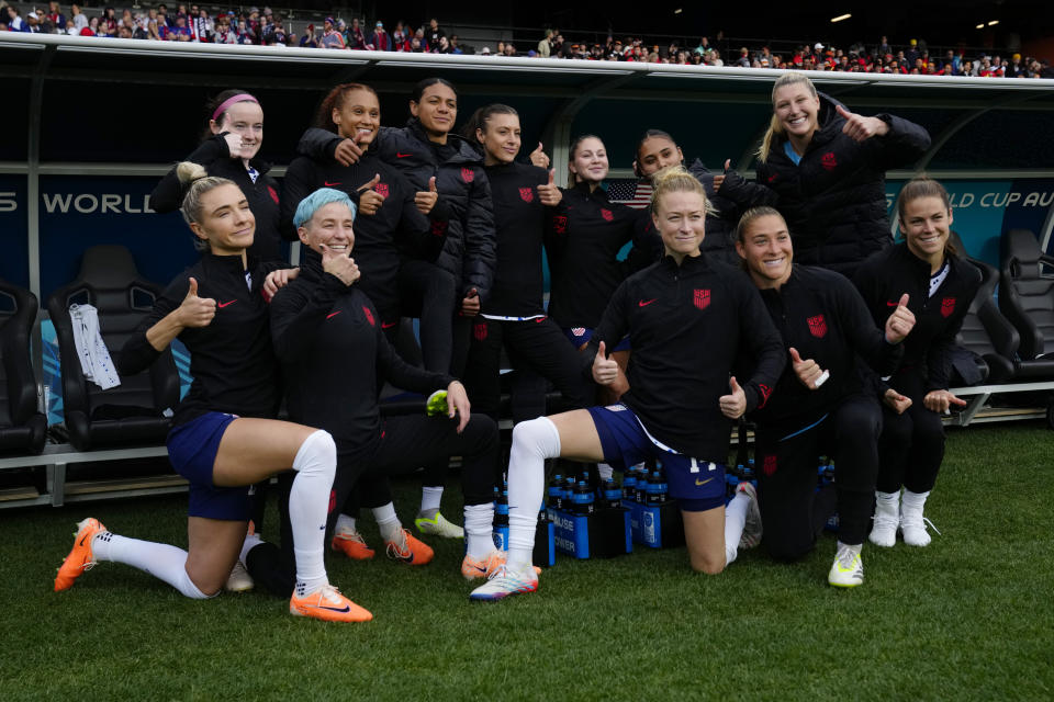 United States players pose for a photo before the Women's World Cup soccer match between the United States and Vietnam at Eden Park in Auckland, New Zealand, Saturday, July 22, 2023. (AP Photo/Abbie Parr)