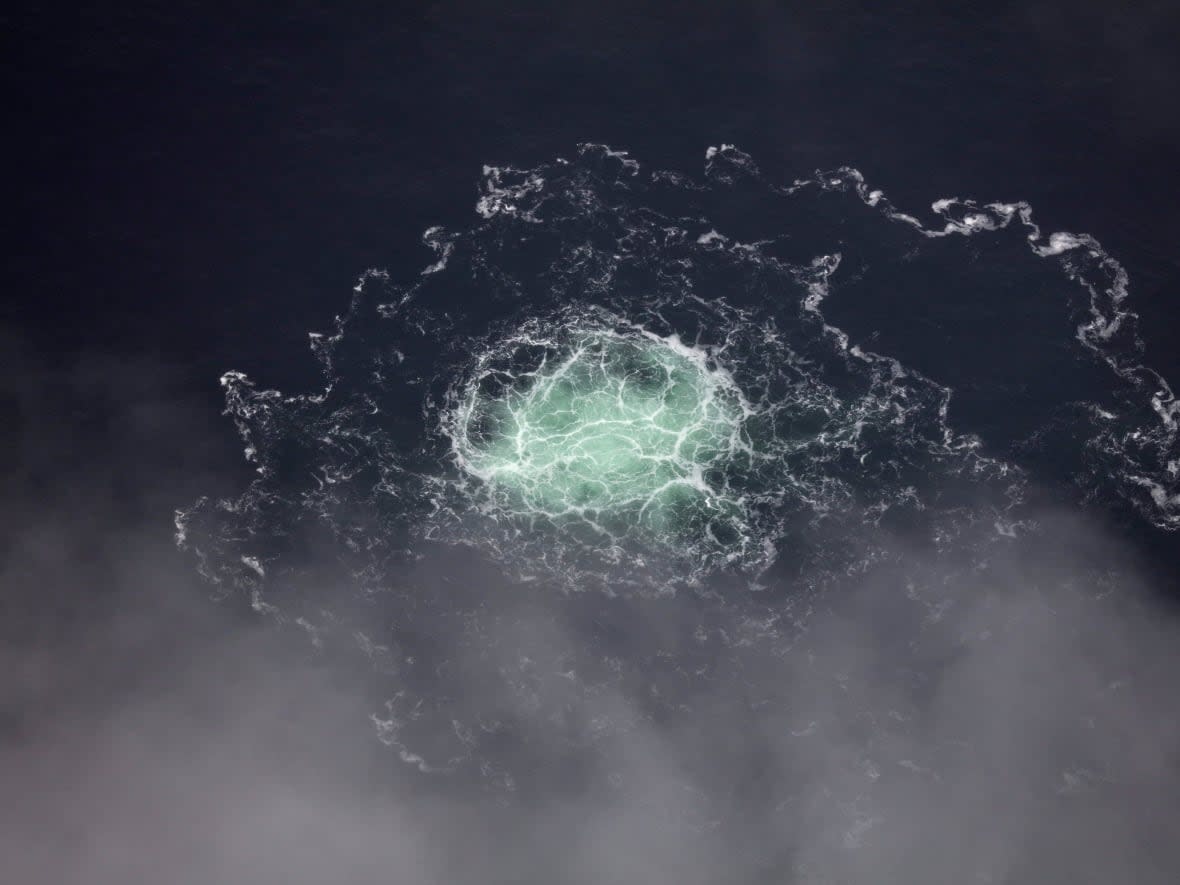 An enormous gas leak from the Nord stream 2 pipeline in the Baltic Sea is seen from a Swedish Coast Guard aircraft on Wednesday.  (Swedish Coast Guard/TT News Agency/Reuters - image credit)