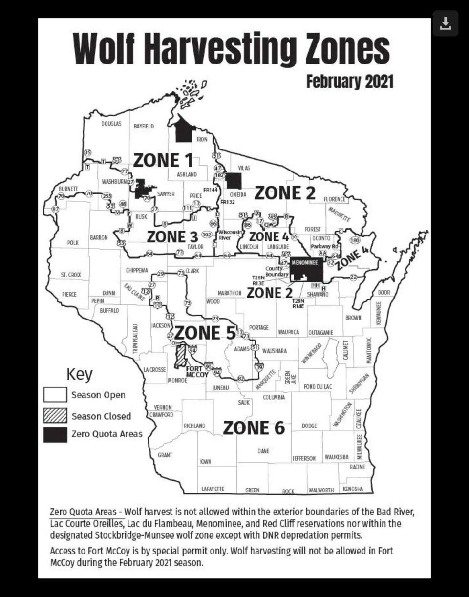 Wolf management zones in Wisconsin.