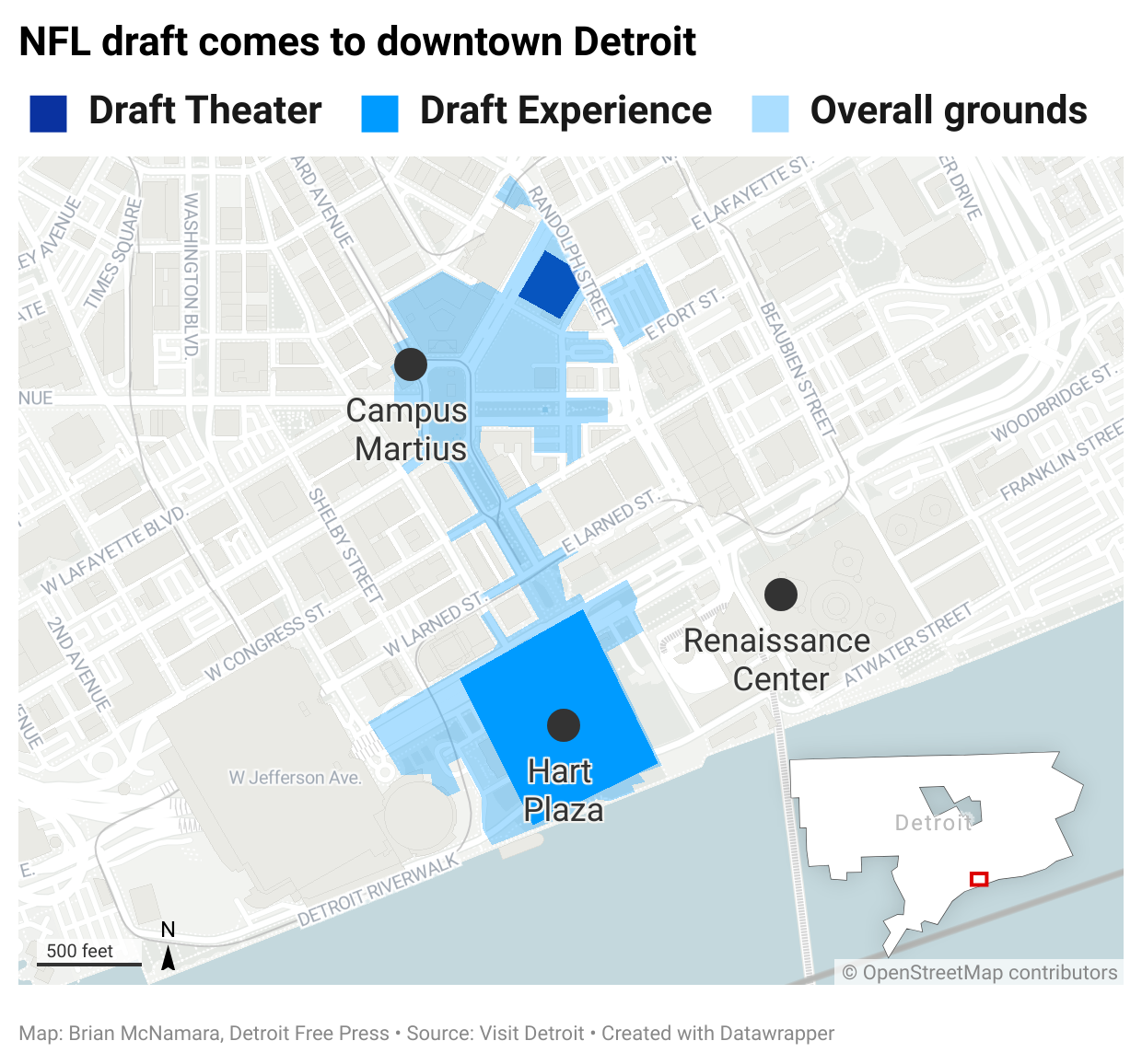 A map shows the NFL draft's footprint in downtown Detroit. The NFL draft will be in Detroit from April 25-27, 2024.