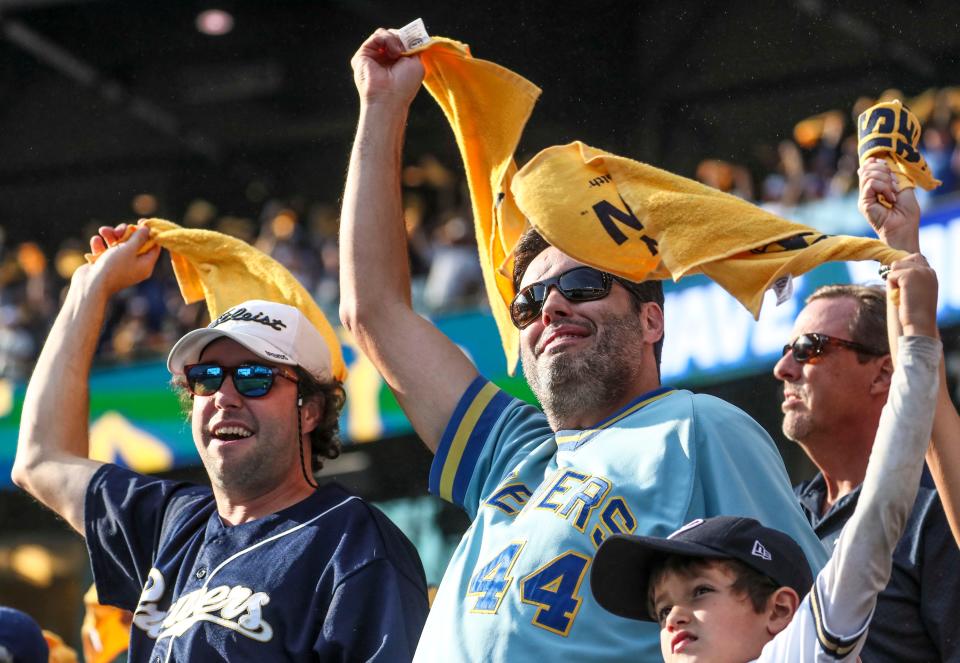 Milwaukee Brewers fans cheer ahead of Game 2 of the National League Division Series on Saturday, Oct. 9, 2021, at American Family Field in Milwaukee.