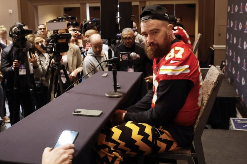 Kansas City Chiefs tight end Travis Kelce speaks at a media availability Tuesday at Westin Lake Las Vegas Resort & Spa in Henderson, Nev. Photo by John Angelillo/UPI