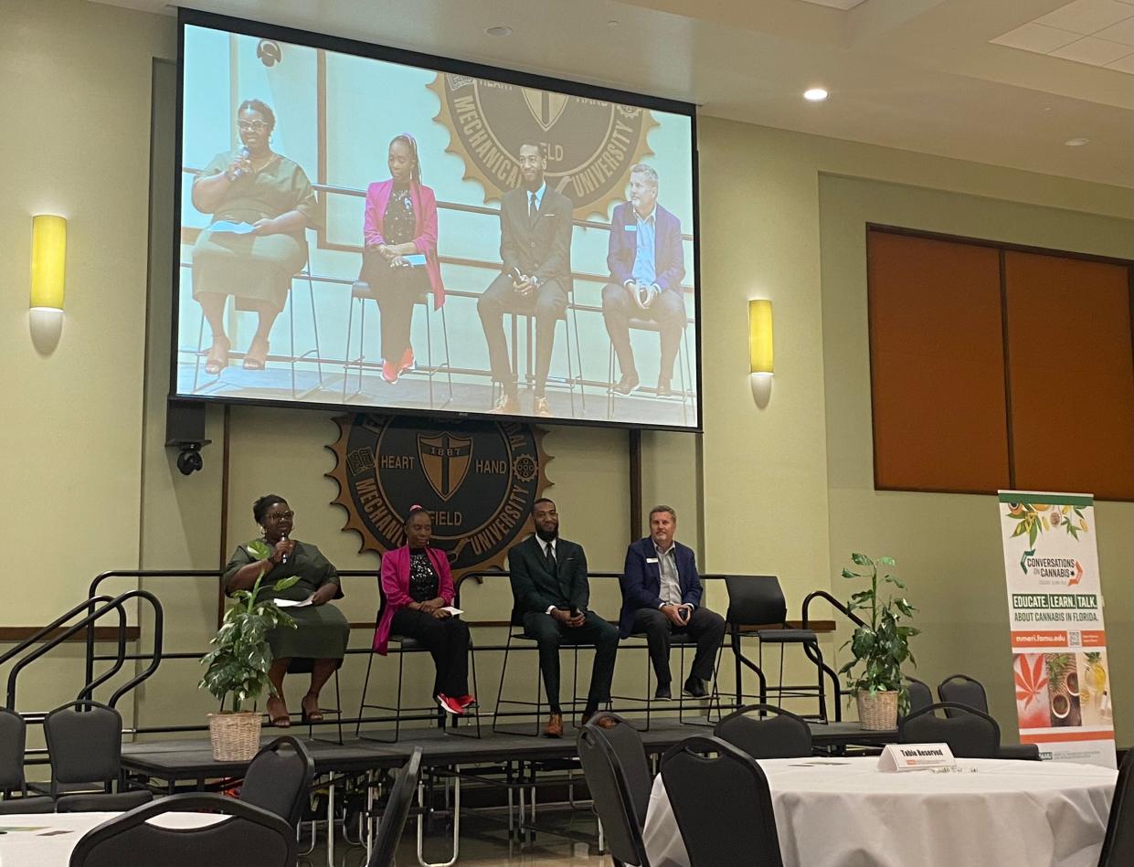 Panelists speak during a FAMU MMERI forum event Friday, April 19, 2024. (Left to right: Shamerial Roberson, Lola Ohonba, Mister McTier and Michael McCormick).