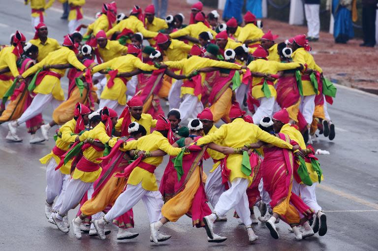 Indian dancers perform during India's Republic Day parade in New Delhi, on January 26, 2015