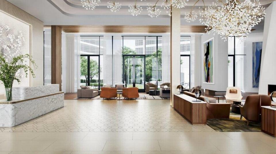 A rendering of The Crescent Hotel, Fort Worth’s lobby shows floor-to-ceiling windows and modern decorations.