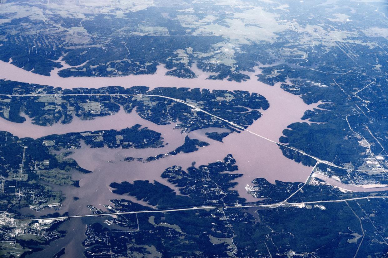 Keystone Lake, a reservoir on the Arkansas River, Oklahoma, dammed by the Keystone Dam.